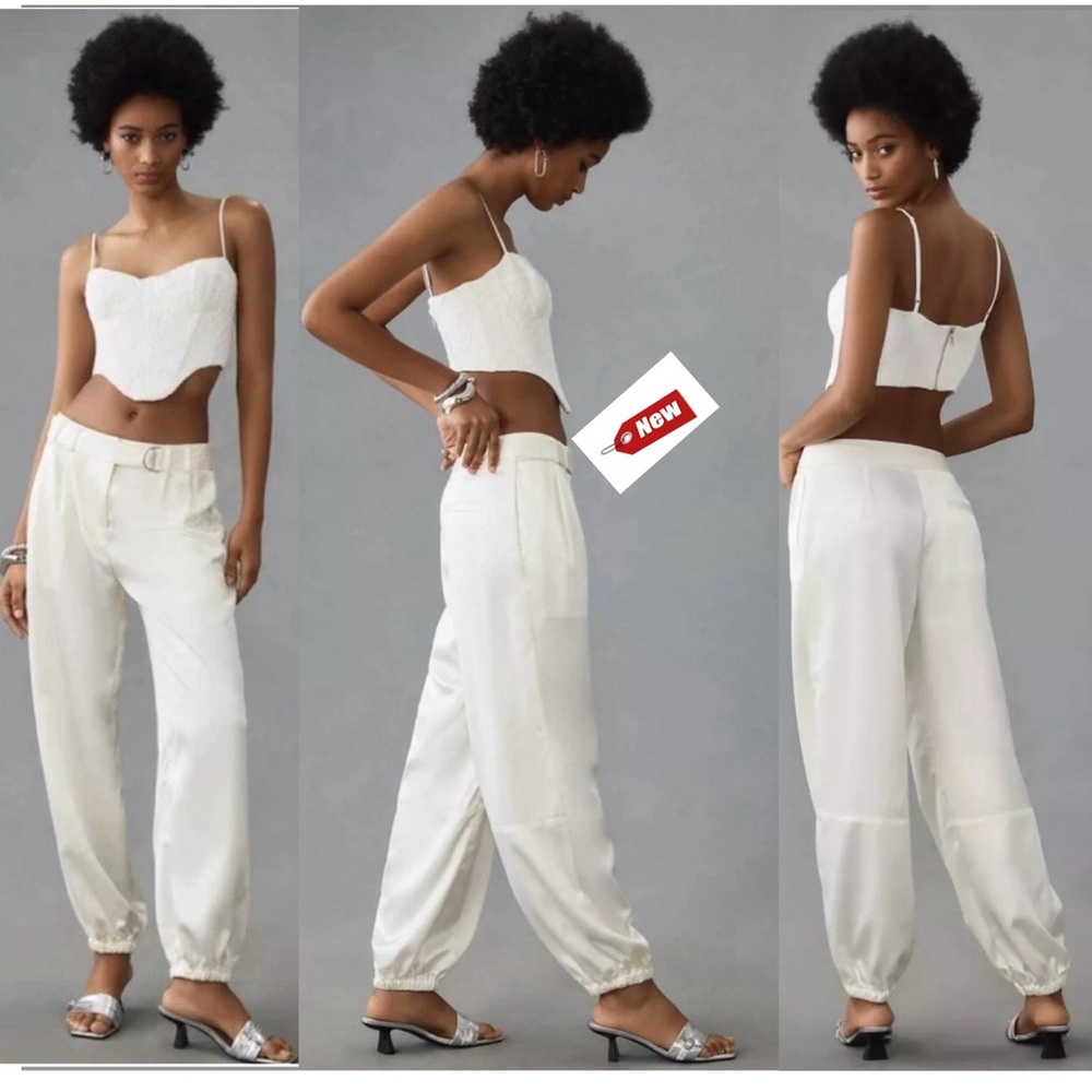 Anthropologie Maeve Satin Parachute utility Pants SIZE 10 ivory white NEW NWT